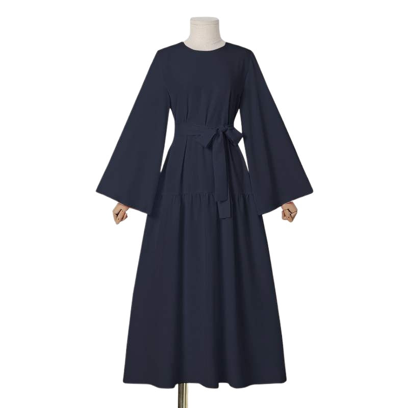 (642) New Solid Color Loose Pullover Belt with Wide Cuffs Dress