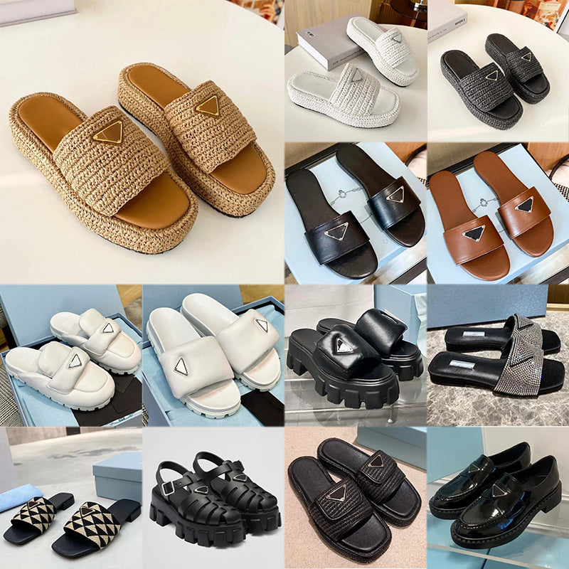 Designer Sandals for Women: Raffia Straw Weave Platform Sliders, Beach & Pool Flat Slippers, Free Shipping