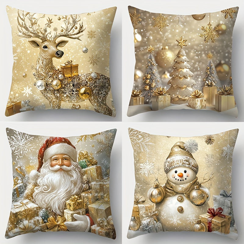 TEMU 4pcs Set Christmas Holiday Pillowcase Set Golden Santa Claus Snowman Reindeer And Tree Pattern Zipper Polyester Fiber Decoration Suitable For