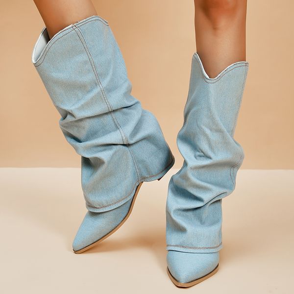 Pleated Block Heels Denim for 2023 Autumn Pointed Toe Women High Knee Plus Size Fashion Cowboy Woman Boots 9984