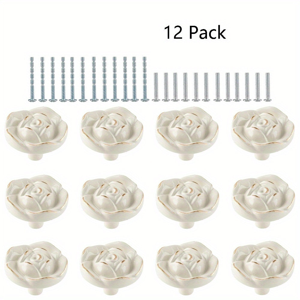 TEMU 12 Pack White Drawer Knobs, Rose Cabinet Knobs, Flower Dresser Knobs, Vintage Handle Pulls For Cabinets Dressers Drawers, Golden