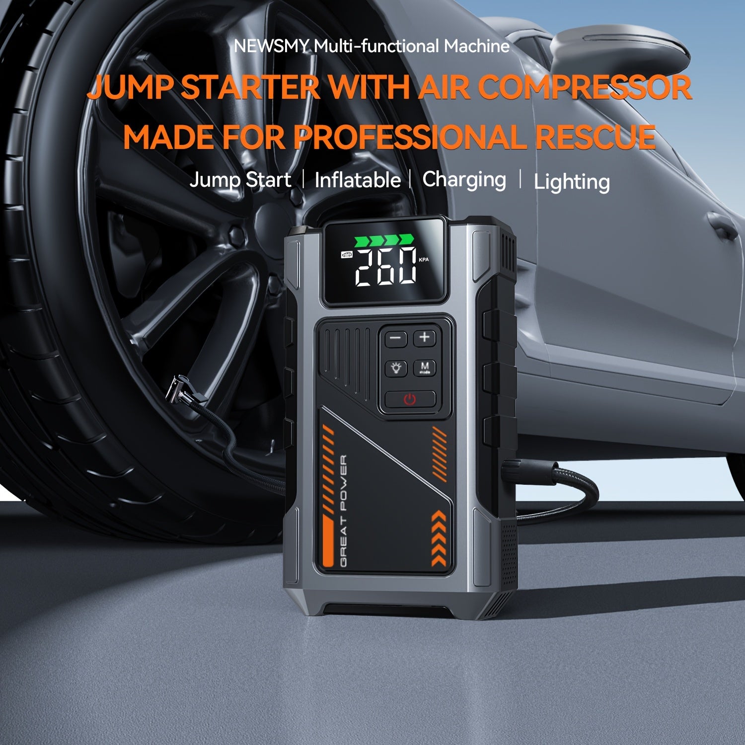 TEMU 12000mah Car Jump Starter With Air Compressor | Multifunctional Power Bankjump Start Vehicles & Lawn Mowers | Led Emergency Light, Portable Car