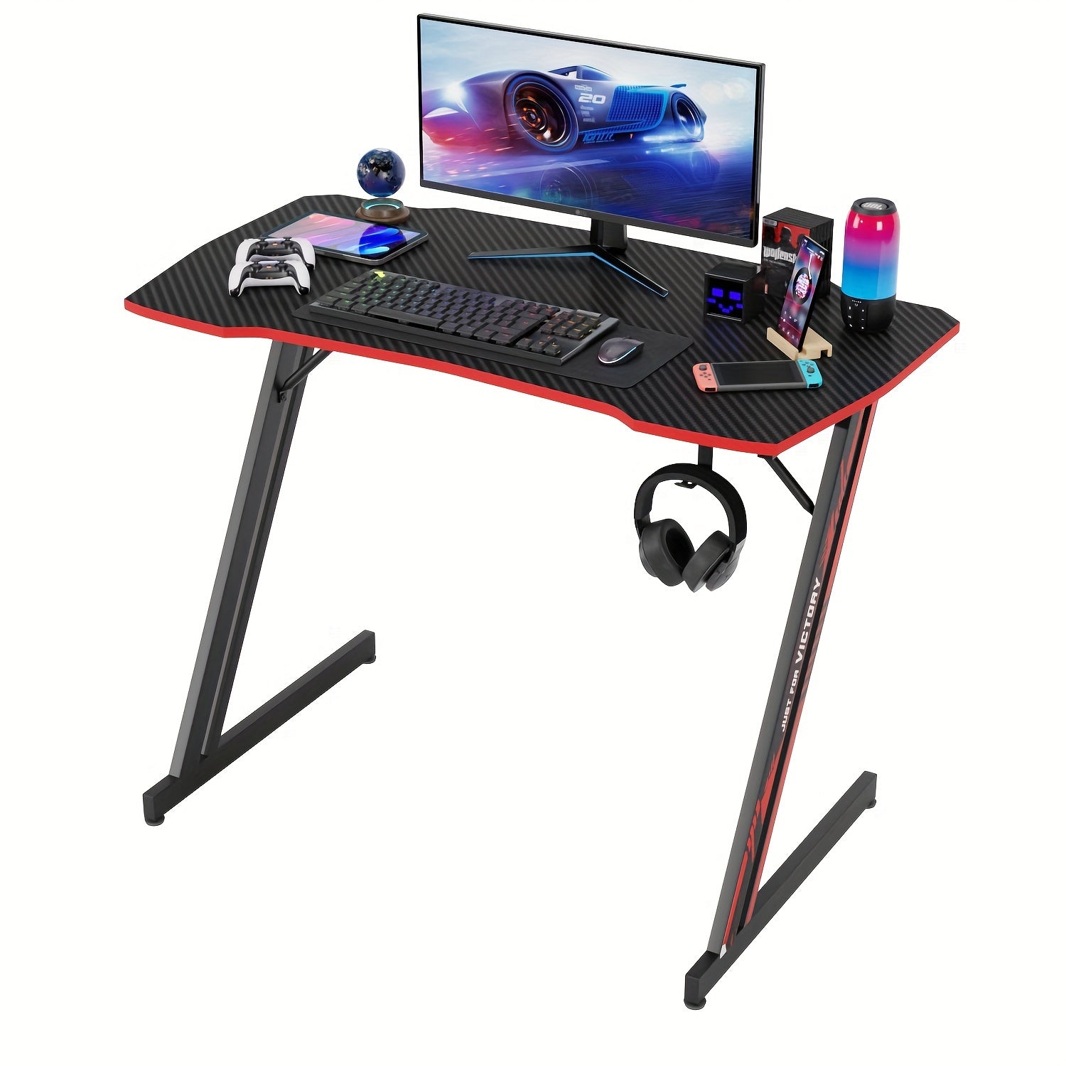 TEMU Gaming Desk 39.4 Inch Z Shaped Carbon Fiber Surface Desktop Computer Table Pc Workstaion Gaming Table With Headphone Hook