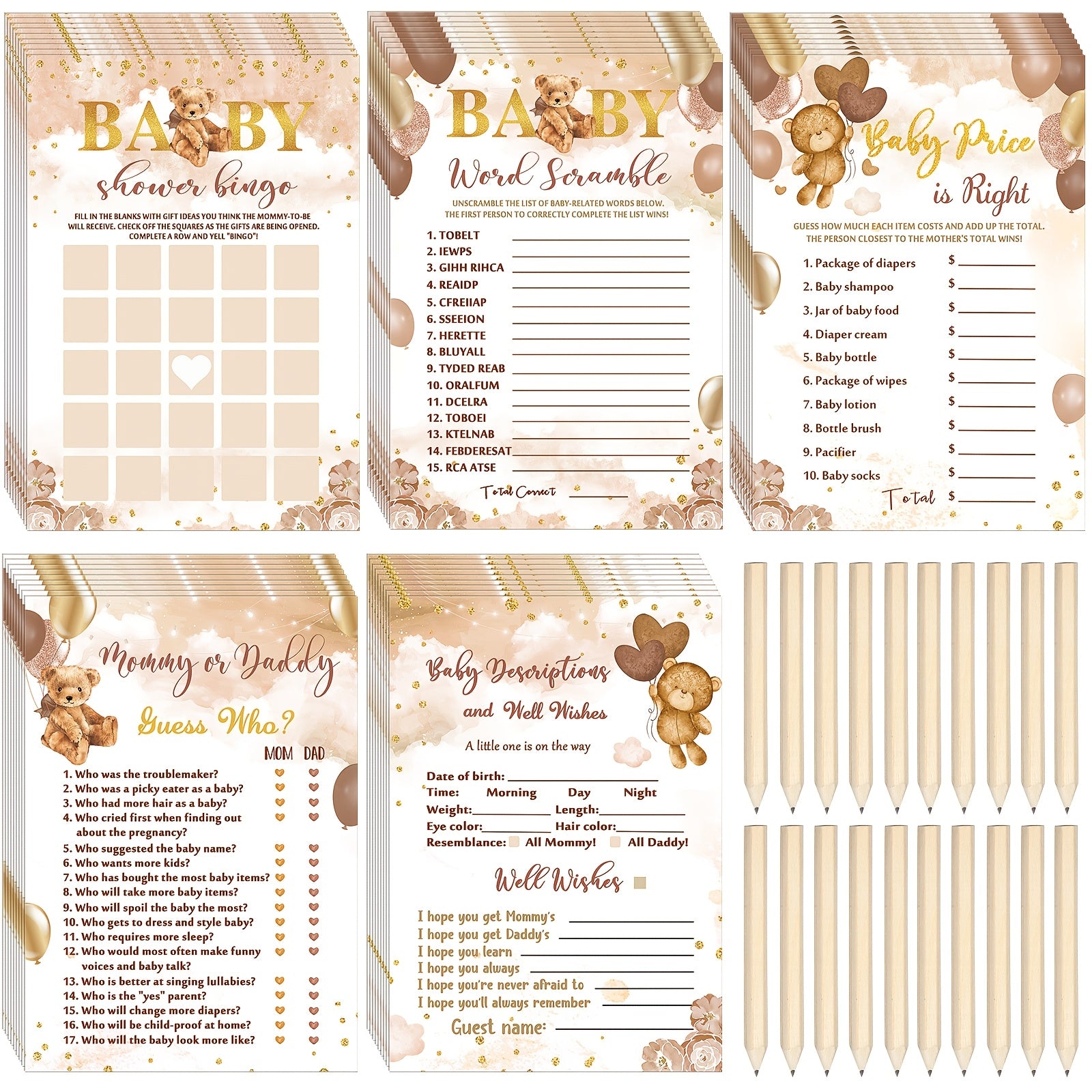 TEMU 145pcs Gender Neutral Games Set Includes 125pcs 5 Of Gender Reveal Games And 20 Pencils Decorations, Bear