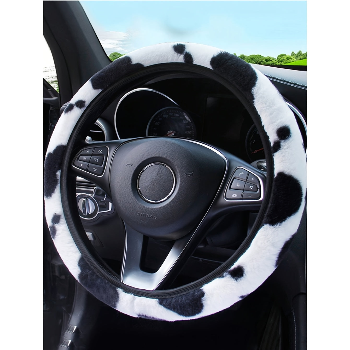 TEMU 15" Cow Print Plush Steering Wheel Cover - Soft & Cozy Design, Band Protective Case For Comfortable Driving, Auto Accessory Decoration, Steering