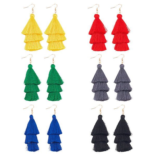 6 paire de boucles d'oreilles pendantes à pompon long en polyester bohème 6 couleurs avec épingles en fer pour femmes