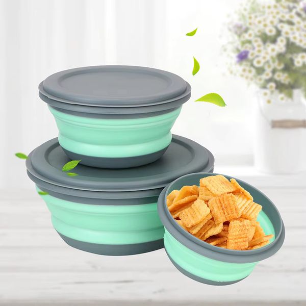 3Pcs-Set Collapsible Food Storage Container Folding Lunch Box Bowls Sets Silicone Tableware Set Foldable Salad Bowl with Lid Portable Outdoo