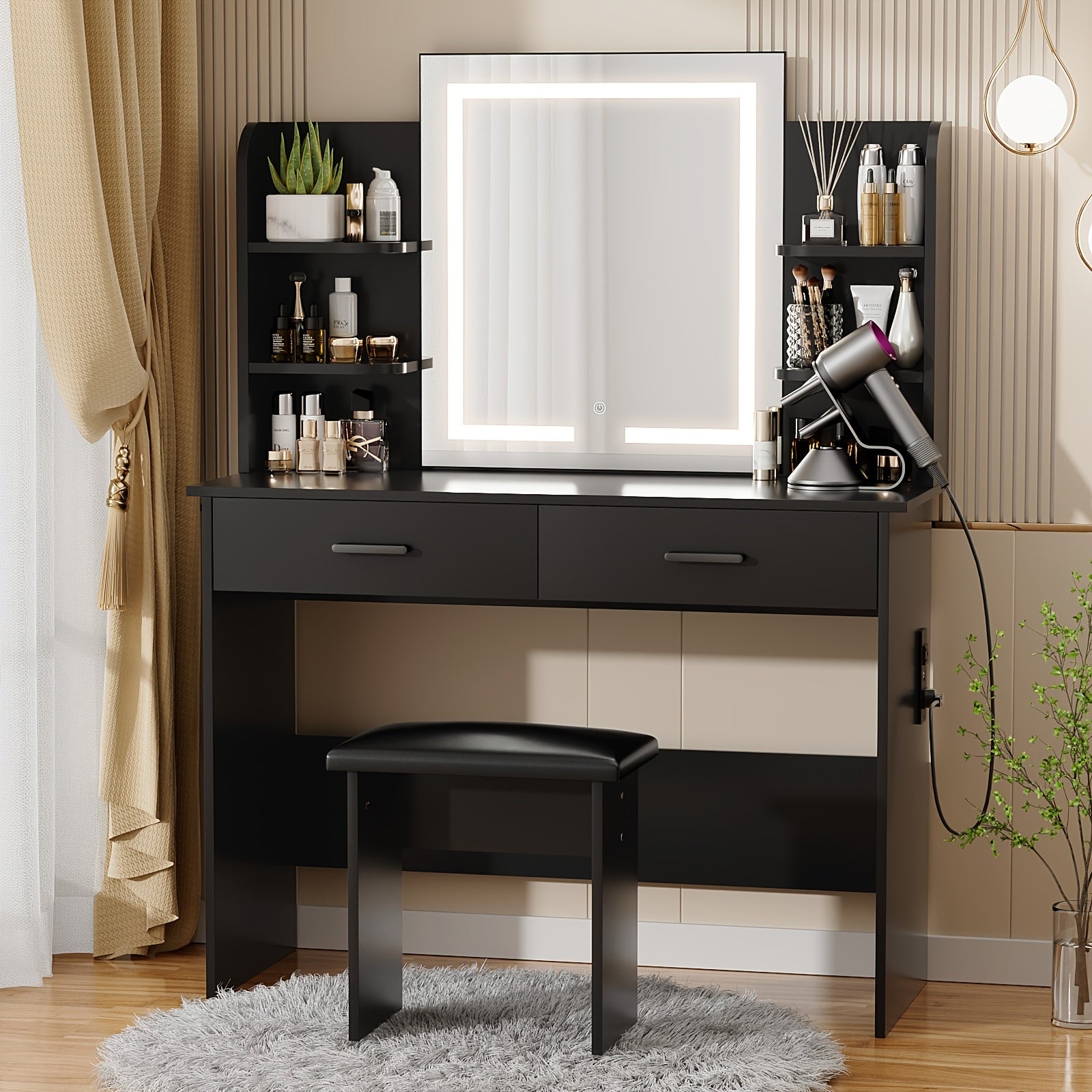 TEMU 42.5" Makeup Vanity Table With Lighted Mirror, 2 Drawers, Shelves And Stool