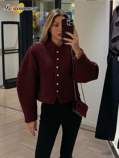 Borgonha Metal Single Basted Puff Sleeve Coat Moda Solid Vneck Slim Womens Short Lady Office Outwear 2025 250115
