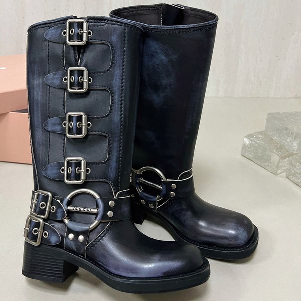 Miui Shoes Boots Harness Belt Buckled Cowhide Leather Biker Knee Boots Chunky Heel Zip Knight Boots Square Toe Ankle For Women Designer Shoe