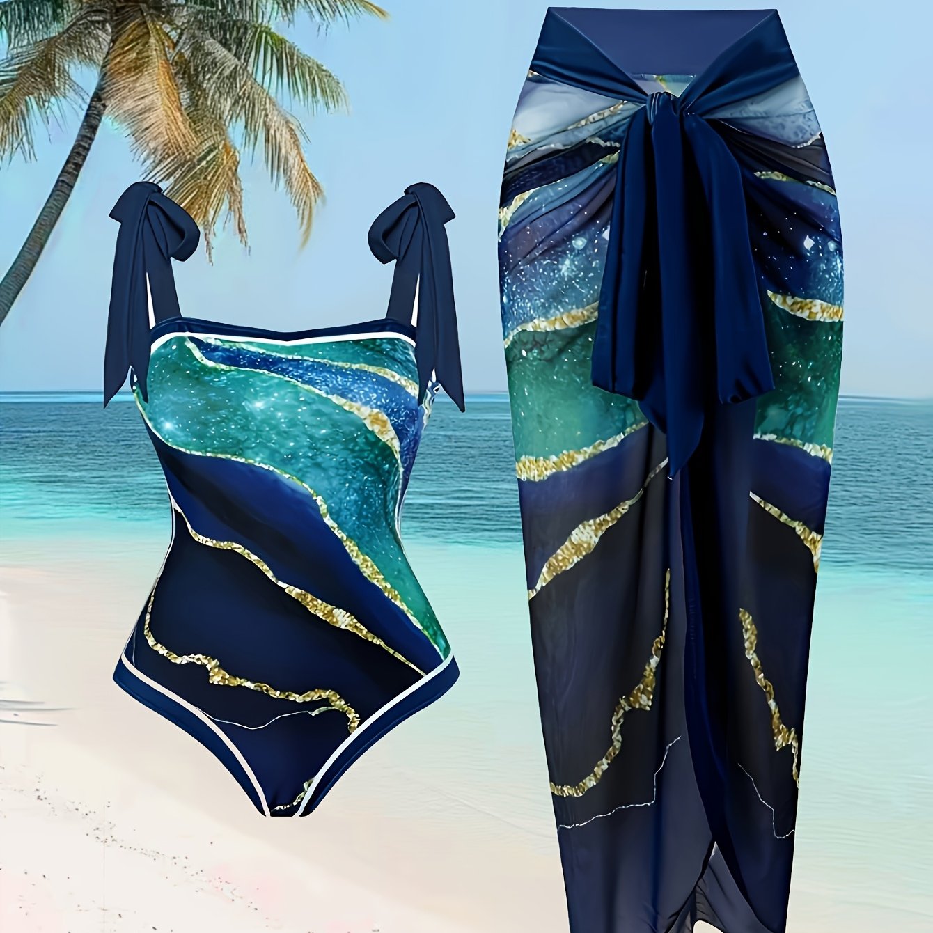 TEMU Ladies' Tankini Two-piece Beach Outfit, Gold-plated Printed Skirt, Swimsuit, Beach Swimsuit, Women's