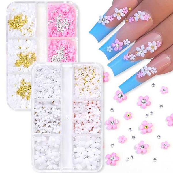 3D White Acrylic Flower Nail Art Decorations Mixed Size Florets Charms Jewelry Gem Beads DIY Nail Charms Design AccessoriesXJ240828