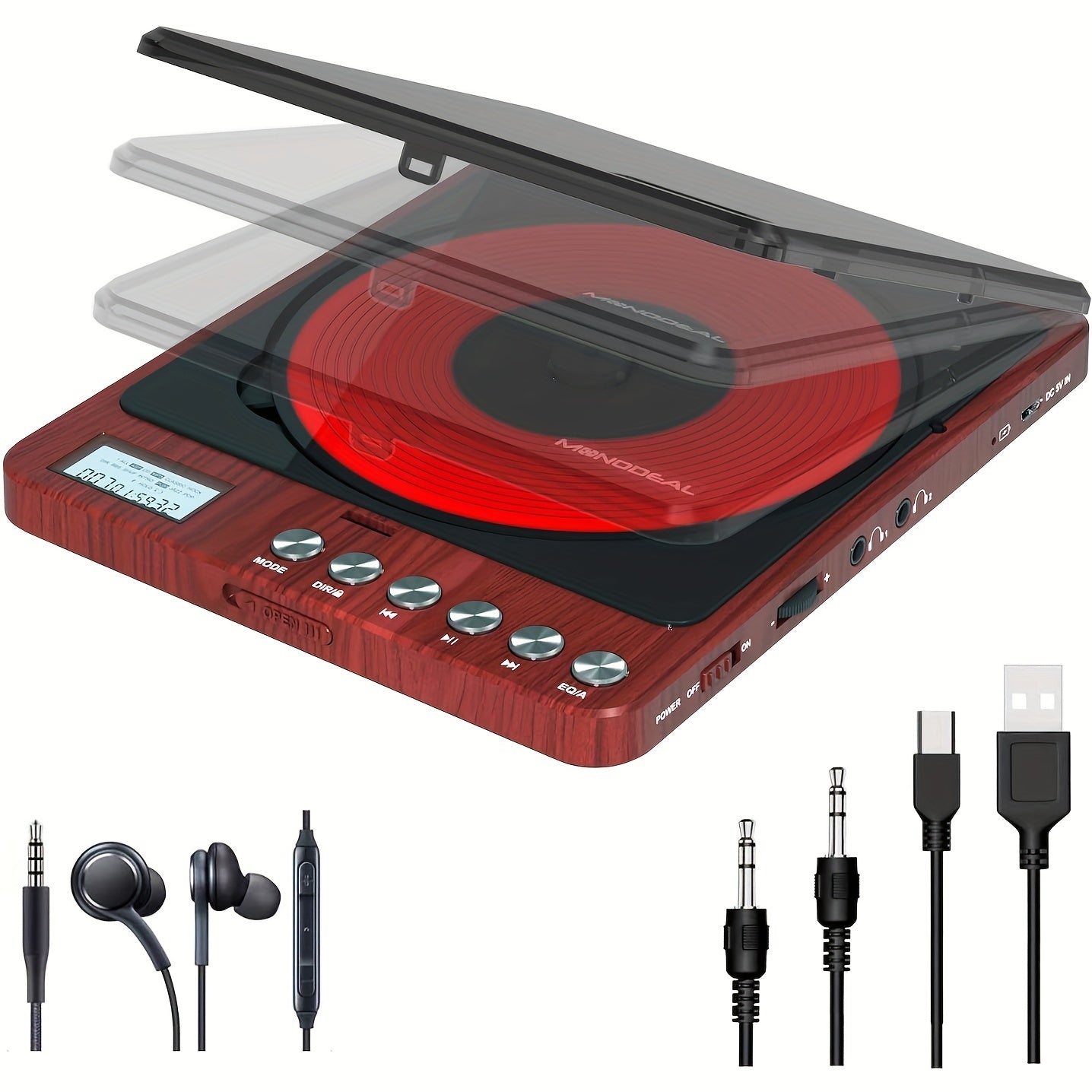 TEMU Monodeal Cw605 Portable Cd Player With Headphones, - Anti-skip Cd-rw Compatible, Lcd Display & Rechargeable (10h Playtime) - Compact Car-travel