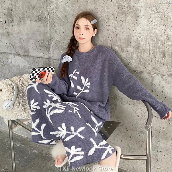 Sleepwear Womens TXii Japanese Minimalist Soft Pamas Two-piece Set For Autumn And Winter Knitted Long Sleeved Woolen Home Clothing