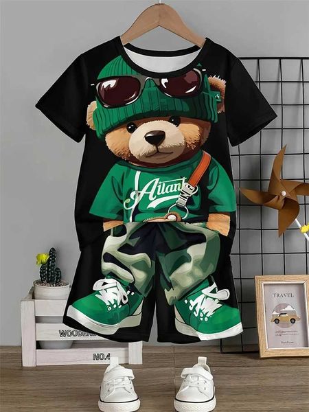 Men&#039;s Tracksuits Cartoon Bear Print 2-piece Mens Set Summer Outdoor Sports Mens Beach Shorts Street Urban Fashion Mens Short-swed T-shi