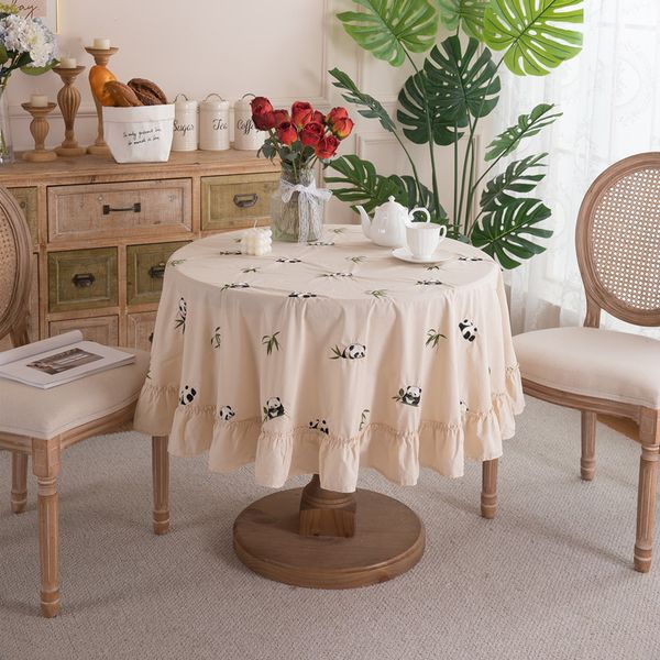 Light Luxury Cotton Apricot Embroidered Flowers and Plants Animal Skirt Pleated Lotus Leaf Edge Round Coffee Table Tablecloth Dining Table C