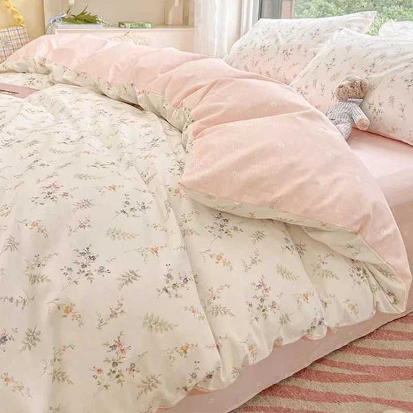 Ins Pink Flowers Bedding Set Fashion Flat Sheet Duvet Cover No Filling Pillowcase Twin Full Queen Nordic Boy Girl Bed LinenC241218