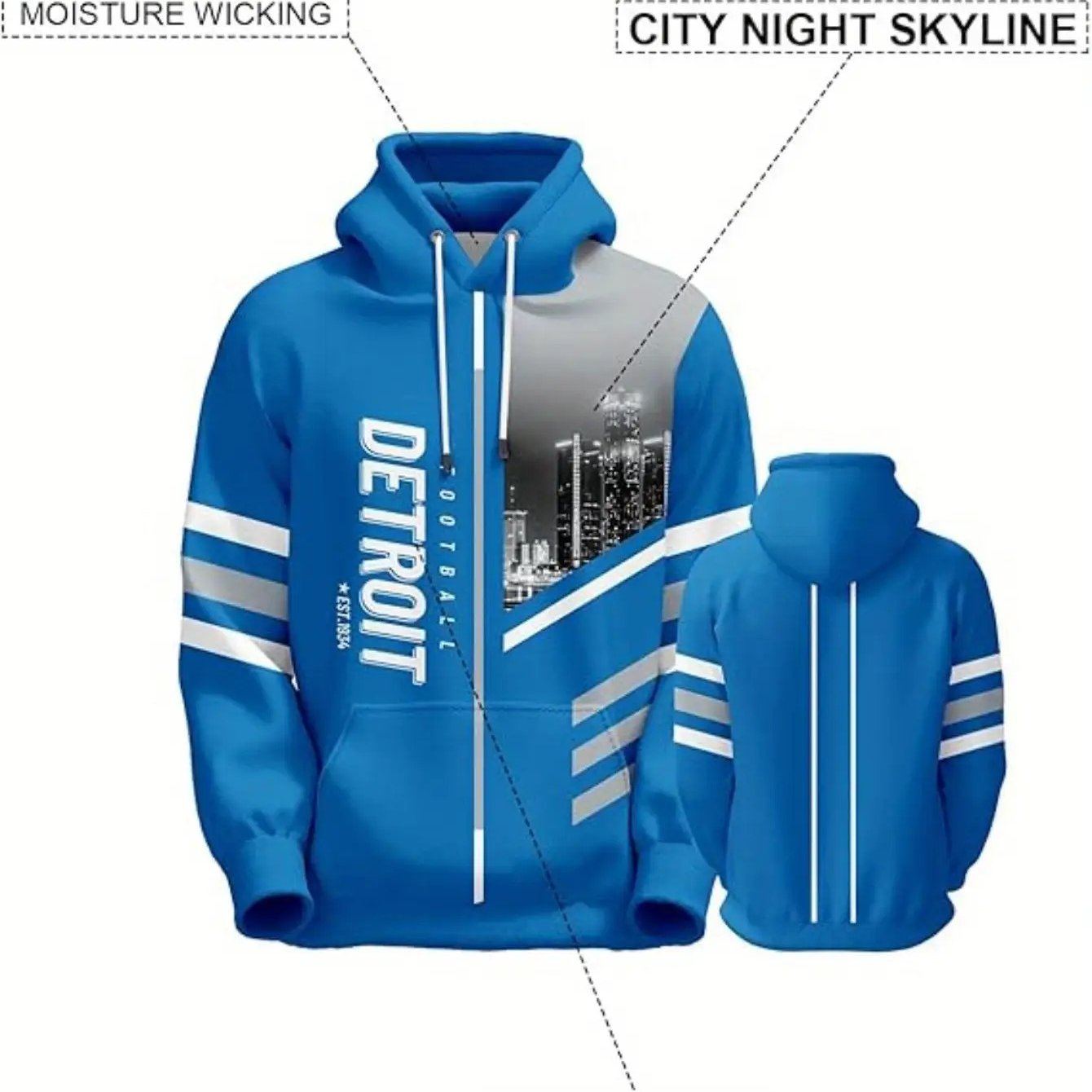 TEMU Men's Detroit Football Team Hoodie - Official Skyline Sweatshirt, Breathable Pullover Hoodie For Game Days, Sports Events & Casual Attire - Gift