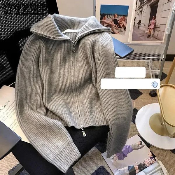 Dark Grey Knit Cardigan Double End Zipper Short Top Turndown Collar Coat Women Slim Warm Korean Fashion American Spring Fall 240719