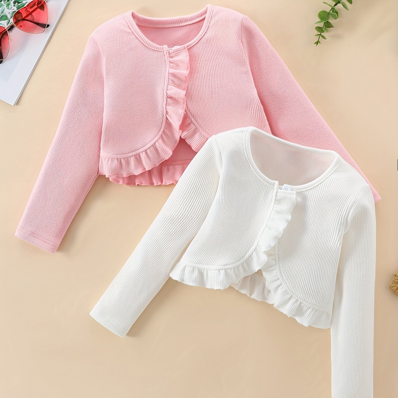 TEMU 2pcs Sweet Solid Color Cardigan With Single Button And For Lotus Leaf Trim, Comfortable Thick Long Sleeve Shawl Coat For Girls, Autumn-spring