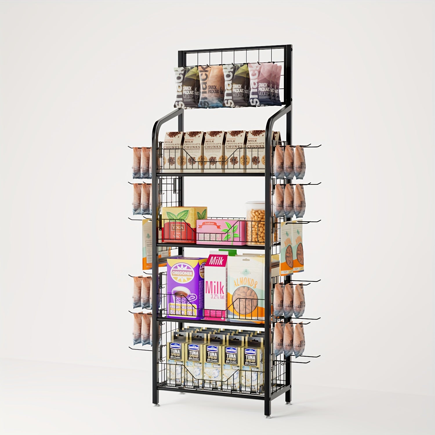 TEMU 4-layer Snack Display Stand, Retail Display Stand With 30 Hooks, Step Shelves For Snacks, Candy, Beverages & Food Storage - Movable Floor