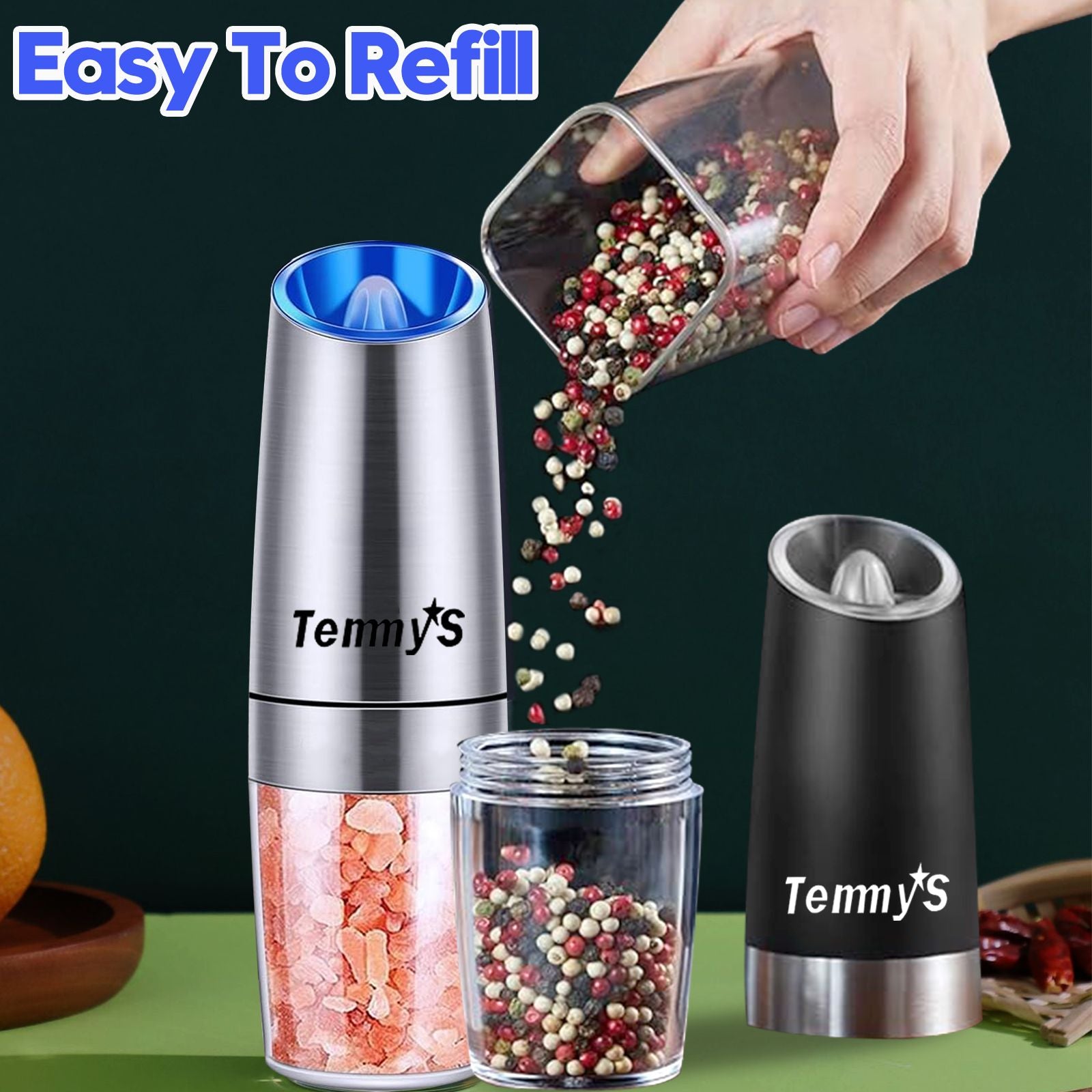 Multifunctional Gravity-Activated 2-Pack of Pepper & Salt Shakers - Illuminated Design with 4x AA Power Source