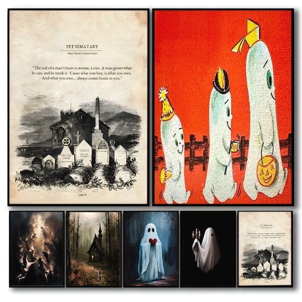 1 piece unframed painting print,cute ghost on a swing in the green forest, dark academy, spooky gothic art, halloween gift