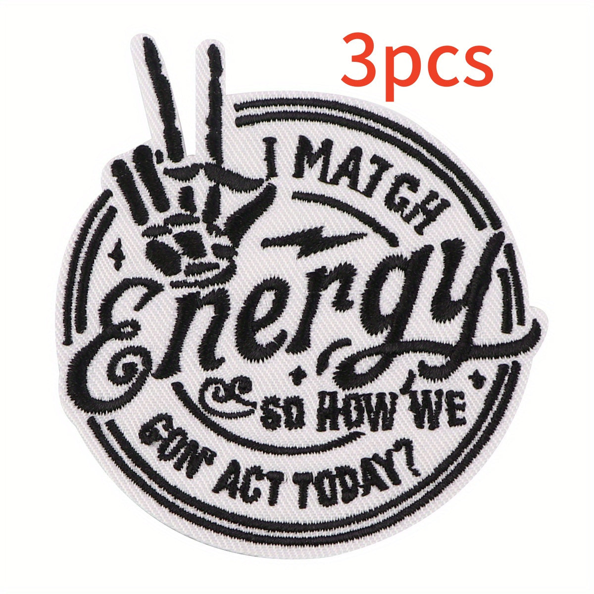 TEMU 3pcs "energy" Motivational Diy Embroidery Patches, Black & White - -on-sew-on Appliques For Cycling Gear, Jeans, Hats, Backpacks - With Hand