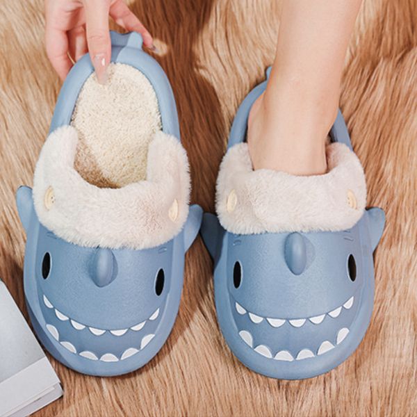 Shark Slippers Woman Winter Cotton Sandals Waterproof Indoor Non-slip Slides Plush Couple Shoes Home Flat Shoe Shark Flip Flops A002