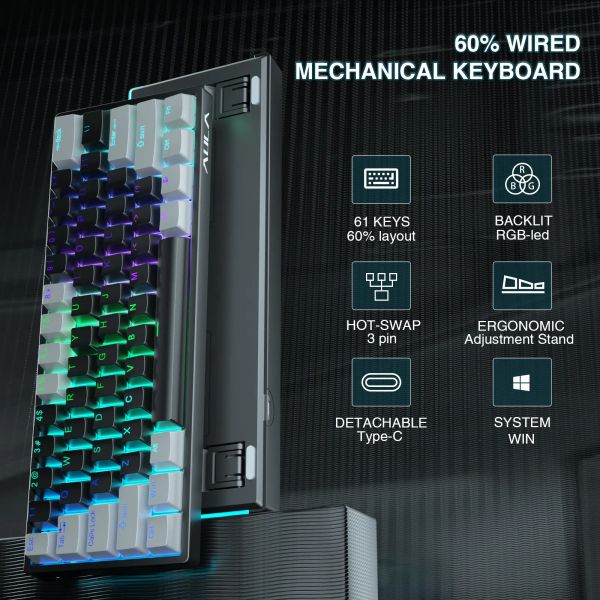 AULA F3261 Mechanical Gaming Keyboard Macro Keyboard Hotswap Gamer Keyboard for Tablet 60 Percent Layout RGB Red Switch
