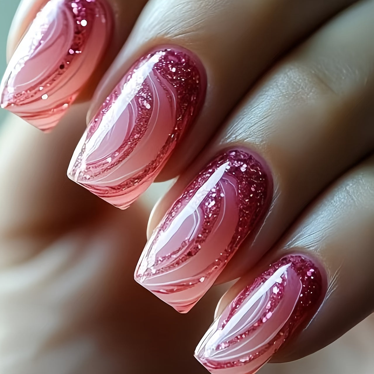 TEMU 24pcs Almond-shaped Press-on False Nails With Red-pink Glitter Stripes & Sparkling Tips - Glossy Removable Wearable Nails With Easy Application