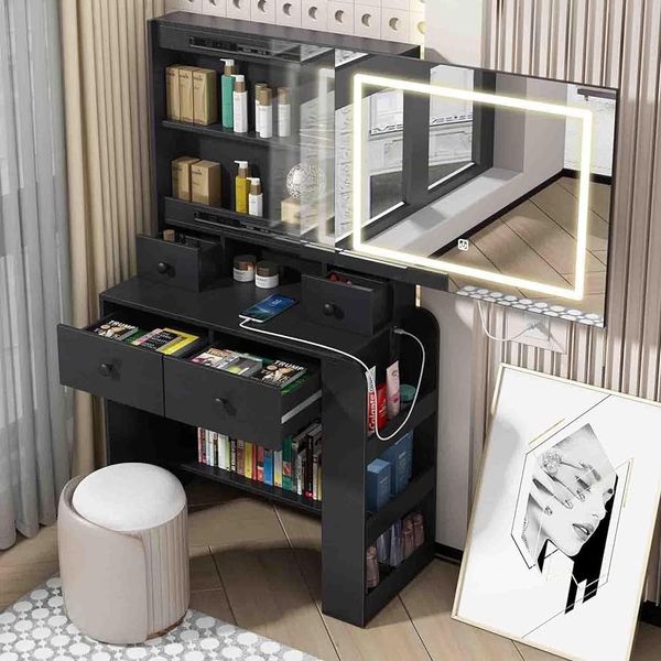 BJYXO Lighted and Drawers, Sliding Makeup Mirror with 3-Color Adjustable Touch Light, Vanity Desk