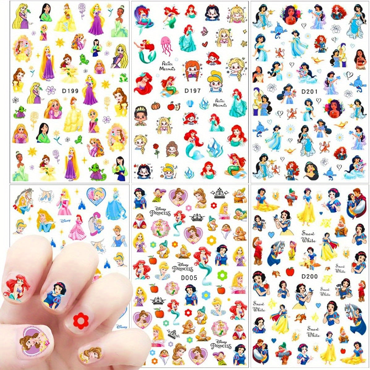 TEMU 6 Sheets Princess Nail Stickers Set - Cute Cartoon Princess And Character Designs Nail Decals Diy Manicure Decorations For Women