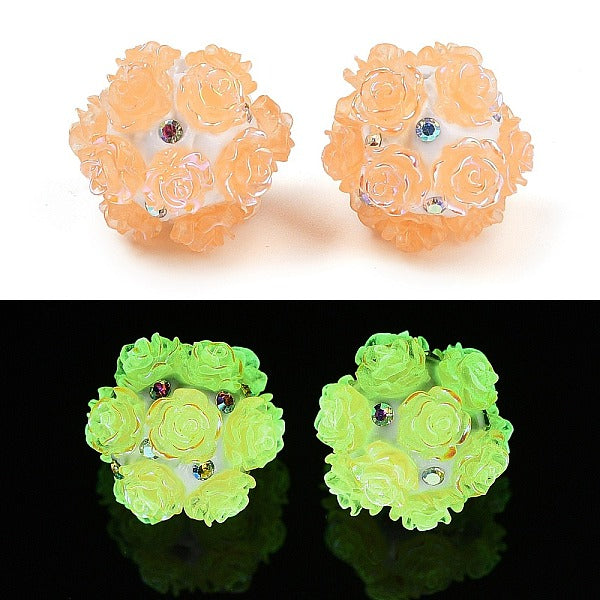 Polymer Clay Rhinestone Beads with Embossed Luminous Acrylic Roses