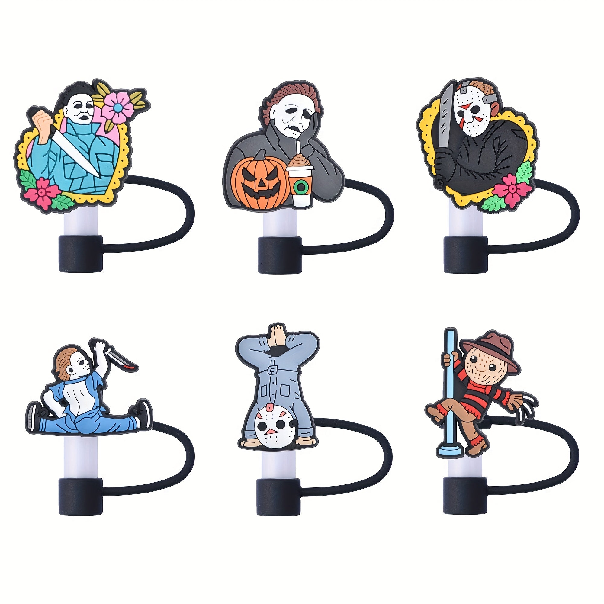 TEMU 6pcs Horror Movie Character Straw Toppers Halloween Silicone Straw Covers For 40oz Tumblers 10mm 0.4 Inches Straw Caps Reusable