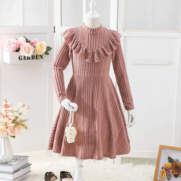 Baby Girls Clothing Solid Color Ruffle Trim Casual Long Sleeve Crewneck A-Line Sweater Dress Autumn And Winter For Baby Girl Y240829