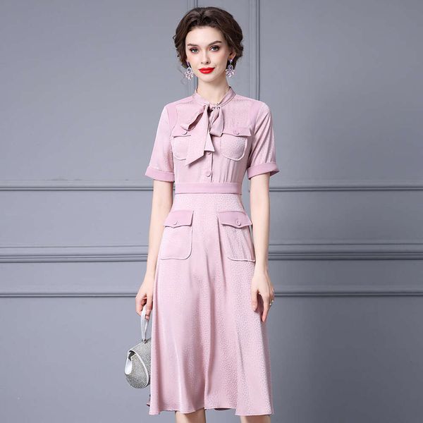 Smart Pink Elegant and Intellectual Dress with Unique Neckline Tie Up Waist Cinching Slimming Effect Big Swing Skirt Summer 2024 New Item Hi