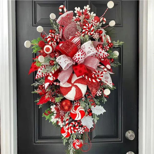 Christmas Decorations 1Pcs Upside Down Wreath Candy Cane for Front Door Red White Teardrop Plastic Decor 231019