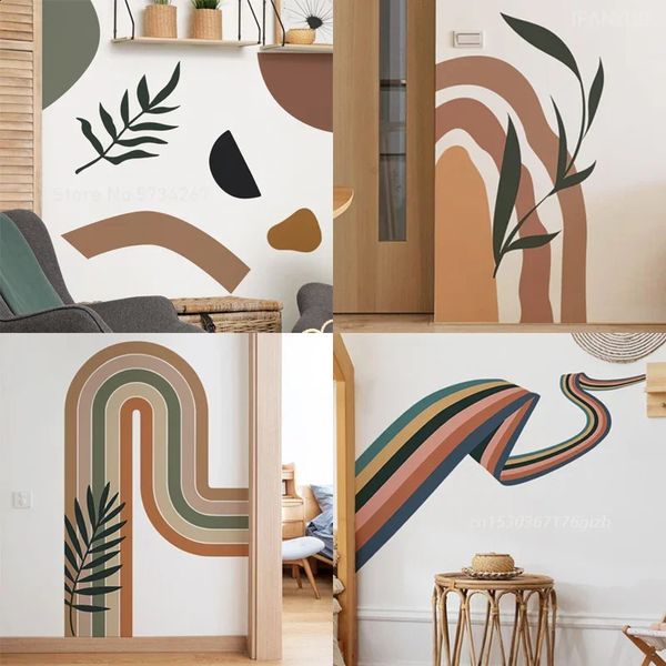 Irregular Boho Arch Wall Stickers Large Bohemia Rainbow Strip Abstract Leaf PVC Peel Stick Decal Living Room Interior Home Decor 240727