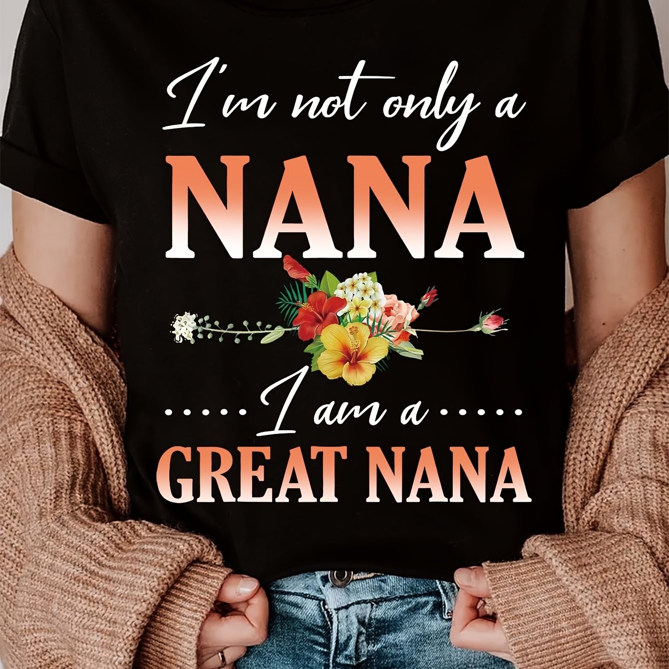 TEMU Women's "i'm A I Am A Great " Graphic Crew Neck T-shirt - Floral & Short Sleeve Top, Breathable Polyester, Machine Washable, Spring Fit, Relaxed