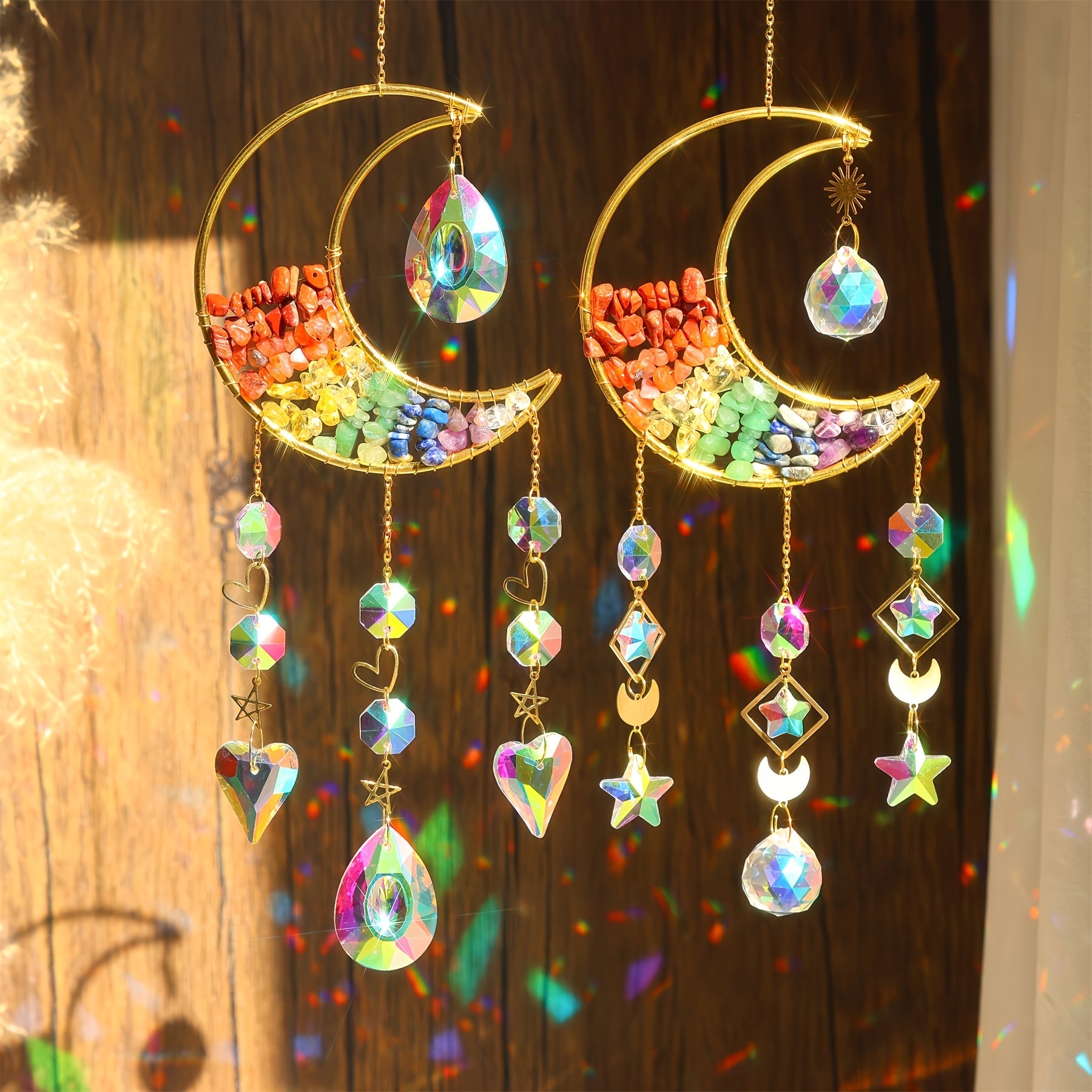 TEMU 2 Crystal Colored Moon , Glass , Moon Shaped Car Accessories, Crystal Pendants, Garden Window And Wall Decorations, Suitable For And Garden