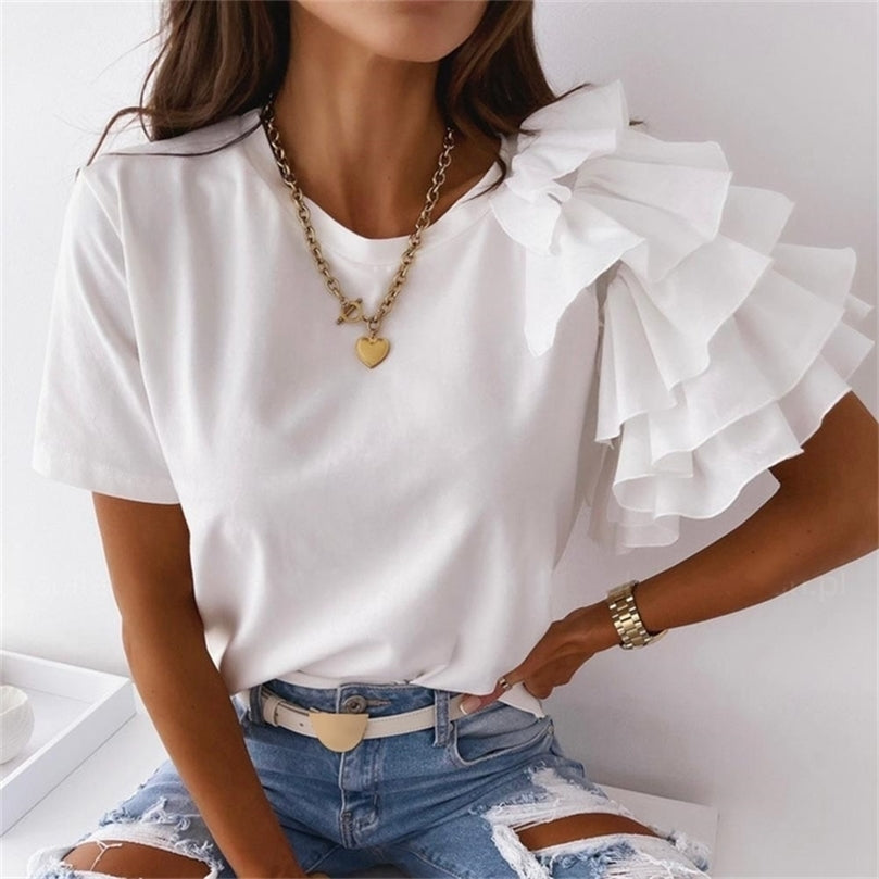 Fashion blouse women elegant white Solid Color Layered Ruffle Short Sleeve Asymmetric Loose T shirt Top for Summer Women Blouses 220628