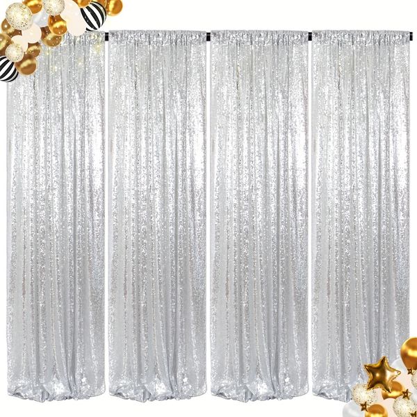 4-Panel Shimmering Silver Sequin Curtains 2FTx8FT Wedding Party Backdrop Curtain with Shiny Fabric Photographic Studio Quality and Easy Inst