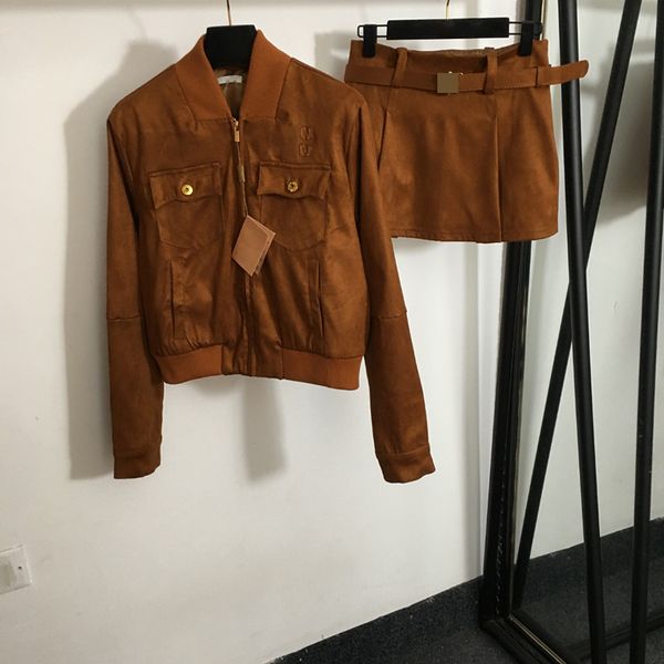 Brown Suede Jackets Skirts Letters Jacquard Zipper Coats Skirt Two Pieces Coat Skirt Suit Punk Style Pocket Tracksuits Clothing
