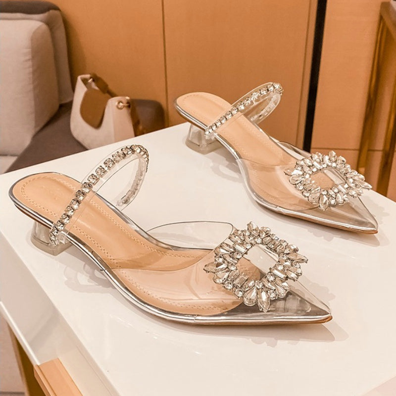 Luxury Rhinestone Transparent High Heels Crystal Sandals Women&#039;S Summer Outside Wearing Pointed Toe Half Slippers