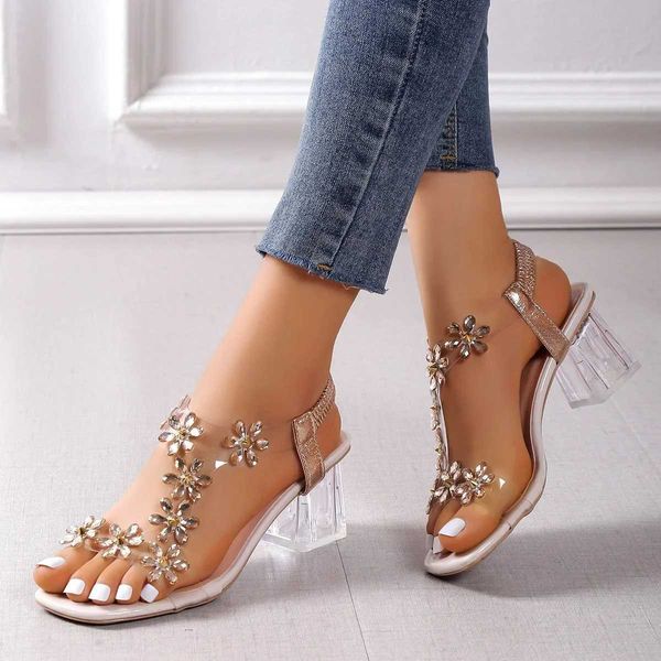 Mulheres; S Sandálias PVC Sapatos de Flor Cristal para Mulheres decoração Sandálias de salto grossa Ladies Back Strap Fashion Shoes feminino