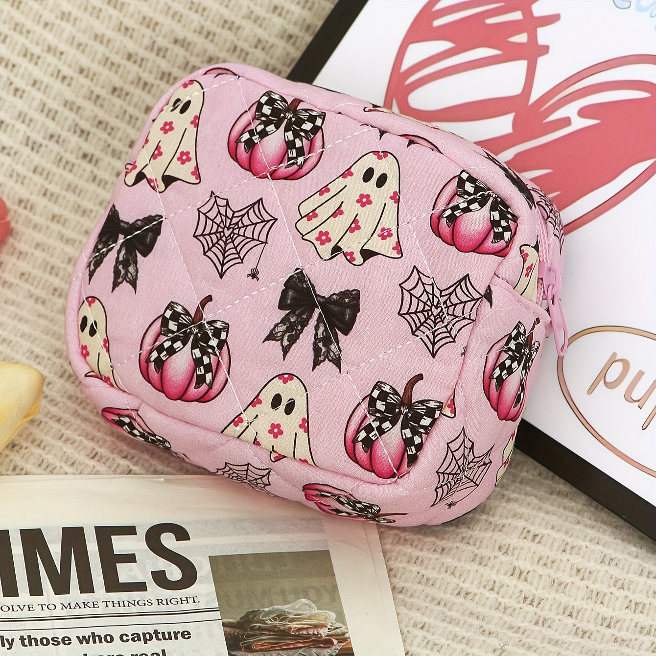 TEMU Kingkiss Halloween-themed Pouch - Spooky & Pumpkins Design, Polyester Fabric, Ideal For Travel, Resort Essentials, Sanitary Napkins, Earbuds,