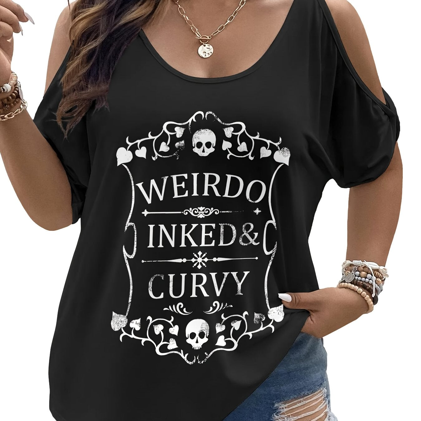 TEMU Plus Size, Plus-size Women's Oversized Cold Shoulder Strapless T-shirt - Abstract Geometric Print Retro Casual Top, Asymmetrical Design &