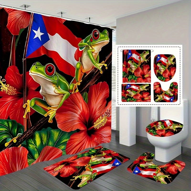 TEMU Puerto Frog Pattern Shower Curtain, Home Decor, Machine Washable, Fashionable Theme, Suitable For All , - Including 12 Hooks Suitable For Home