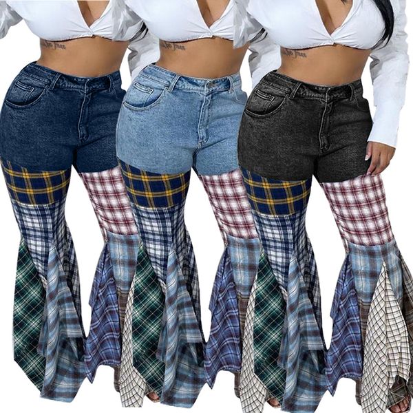 LD83176 Women's & Plaid Denim Pants Ladies Flare Ripped Women Jeans Trousers With Ruffles